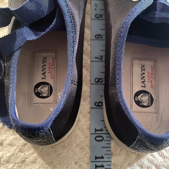 🤩HP🤩 Lanvin Paris Crackled Leather Toe Cap Satin Sided Black Navy Blue Sneaker - Picture 12 of 17